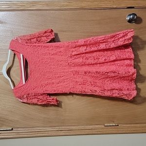 By and By Dress. Coral color with lace . Sheer sleeves.
